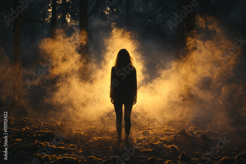 young woman standing alone in dark forest surrounded by mist and light. atmosphere is mysterious and ethereal, evoking sense of solitude and wonder