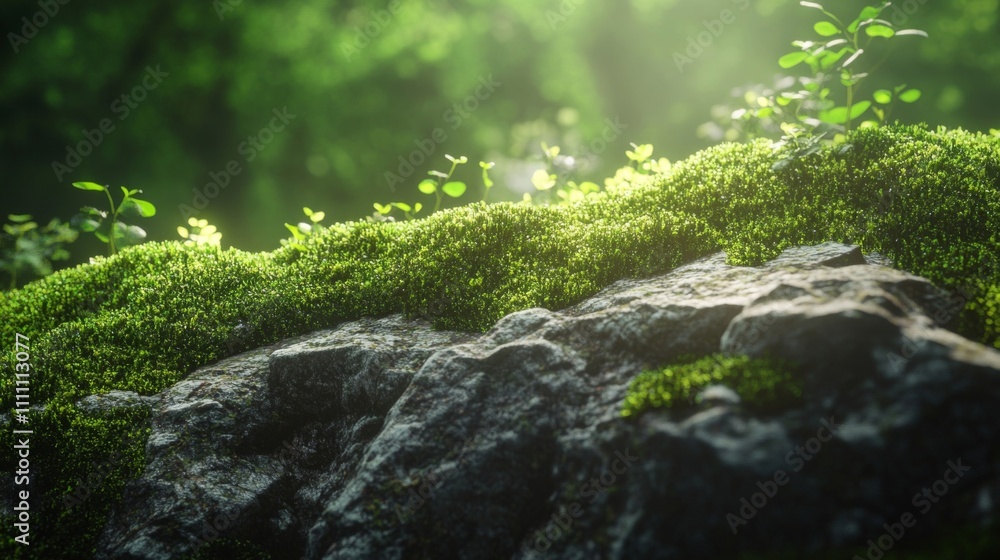 Lush Green Moss Covering a Rough Stone in a Forest Setting Lush Green Moss Covering a Rough Stone in a Forest Setting