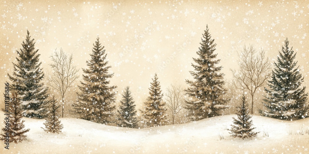 Fototapeta premium A serene snowy forest landscape with pine trees and gentle snowflakes falling against a soft beige background, evoking a peaceful winter atmosphere.