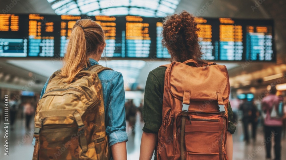 Two Travelers with Backpacks Standing in Front of an Airport Departure Board Two Travelers with Backpacks Standing in Front of an Airport Departure Board
