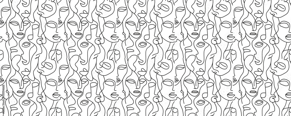 Obraz premium seamless pattern of Abstract minimalist black and white line art faces modern design print 