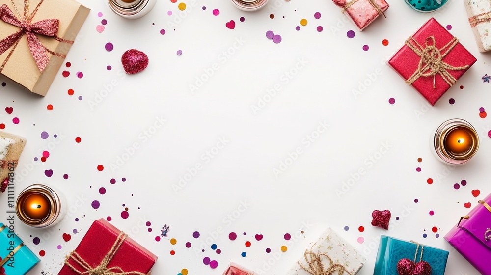 Festive holiday frame composition with colorful wrapped gift boxes, burning candles, and confetti scattered on white background, creating perfect copy space for text. Festive holiday frame composition with colorful wrapped gift boxes, burning candles, and confetti scattered on white background, creating perfect copy space for text.