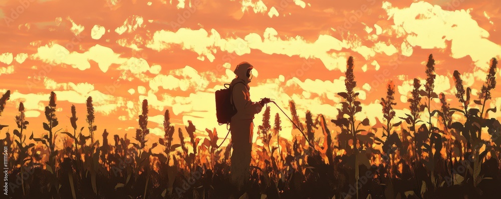 Silhouette of a Person in Hazmat Suit Against a Sunset Sky in a Field of Tall Plants, Hazmat Suit, Sunset Sky Silhouette of a Person in Hazmat Suit Against a Sunset Sky in a Field of Tall Plants, Hazmat Suit, Sunset Sky