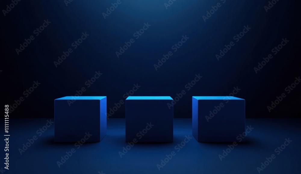 Three blue cubes on dark blue background, illuminated from above. Three blue cubes on dark blue background, illuminated from above.