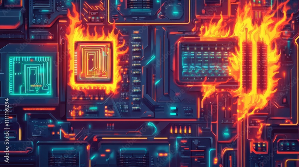 Fototapeta premium Cyberpunk Circuitry Overheating with Flames, cyberpunk , futuristic
