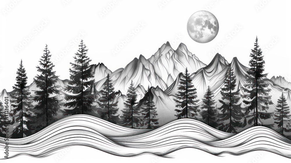 Fototapeta premium Monochrome mountain range landscape with full moon and pine trees.