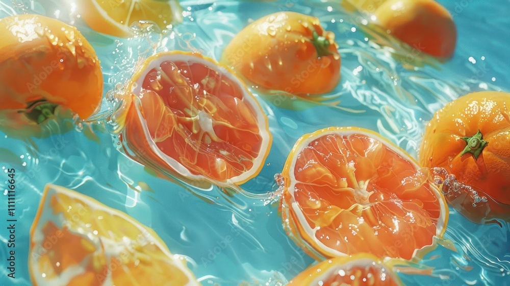 Juicy oranges and grapefruits floating in water. Juicy oranges and grapefruits floating in water.
