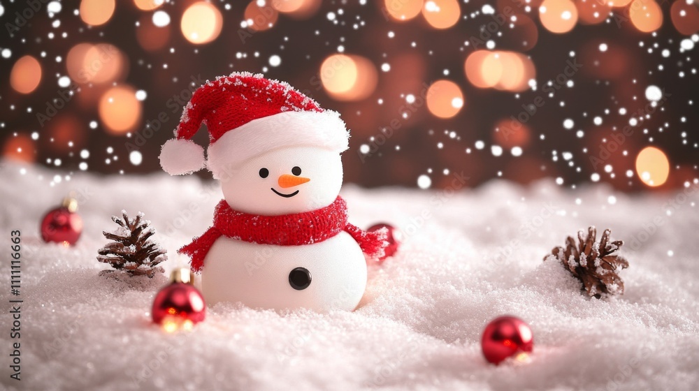 Snowman in a Santa Hat and Scarf in Snow with Christmas Ornaments and Pine Cones Snowman in a Santa Hat and Scarf in Snow with Christmas Ornaments and Pine Cones