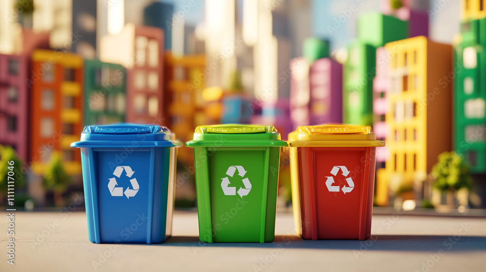 Colorful Recycling Bins City Street Urban Waste Disposal Eco Friendly Colorful Recycling Bins City Street Urban Waste Disposal Eco Friendly