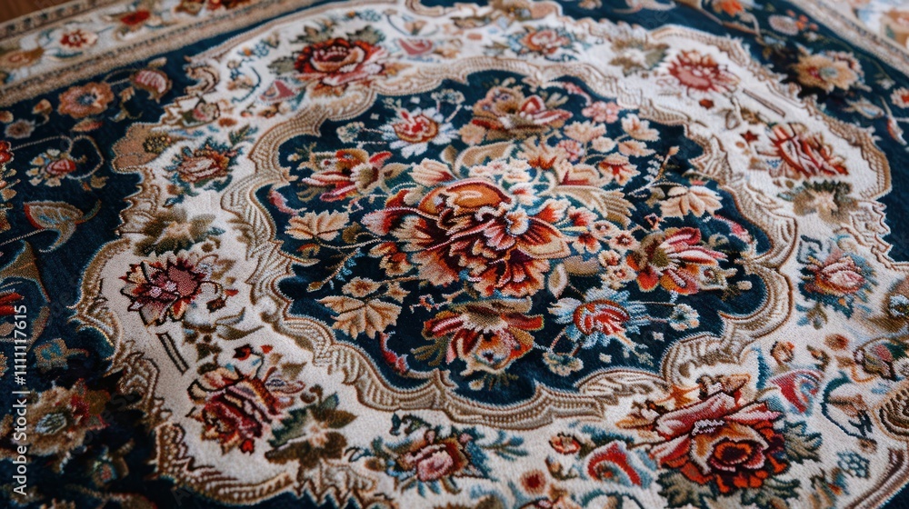 Detailed close-up of a floral patterned rug. Detailed close-up of a floral patterned rug.