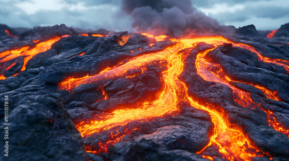 Dynamic volcanic landscape with towering jagged rock formations carved by tectonic forces rivers of glowing lava carving through the desolate and untamed natural environment. Tectonic. Illustration Dynamic volcanic landscape with towering jagged rock formations carved by tectonic forces rivers of glowing lava carving through the desolate and untamed natural environment. Tectonic. Illustration
