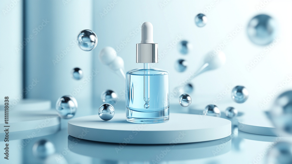 Serum Bottle on Platform with Abstract Blue Spheres Skincare Beauty Cosmetic Product D Serum Bottle on Platform with Abstract Blue Spheres Skincare Beauty Cosmetic Product D