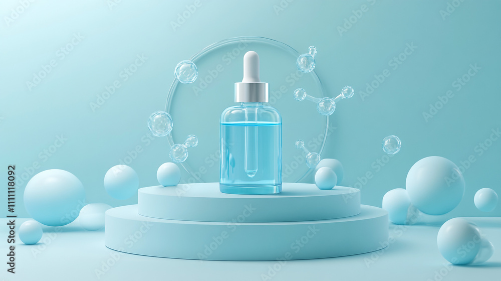 Serum Bottle on Blue Platform with Molecules Serum Bottle on Blue Platform with Molecules