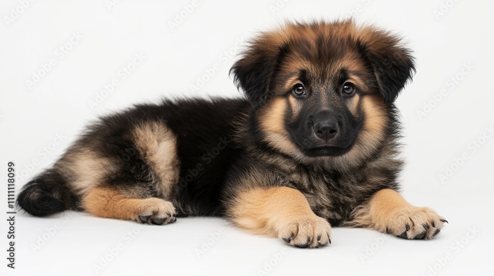 Adorable German Shepherd puppy with fluffy fur and distinctive tan and black coloring lying down against white background, showcasing its sweet expression and soft fuzzy coat. Adorable German Shepherd puppy with fluffy fur and distinctive tan and black coloring lying down against white background, showcasing its sweet expression and soft fuzzy coat.