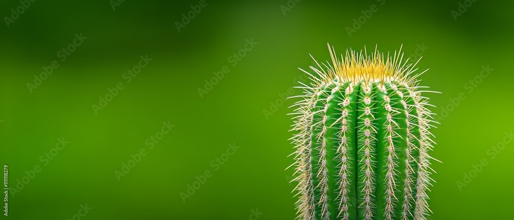 A lone cactus showcases its vibrant green body and yellow spines in sunny weather A lone cactus showcases its vibrant green body and yellow spines in sunny weather