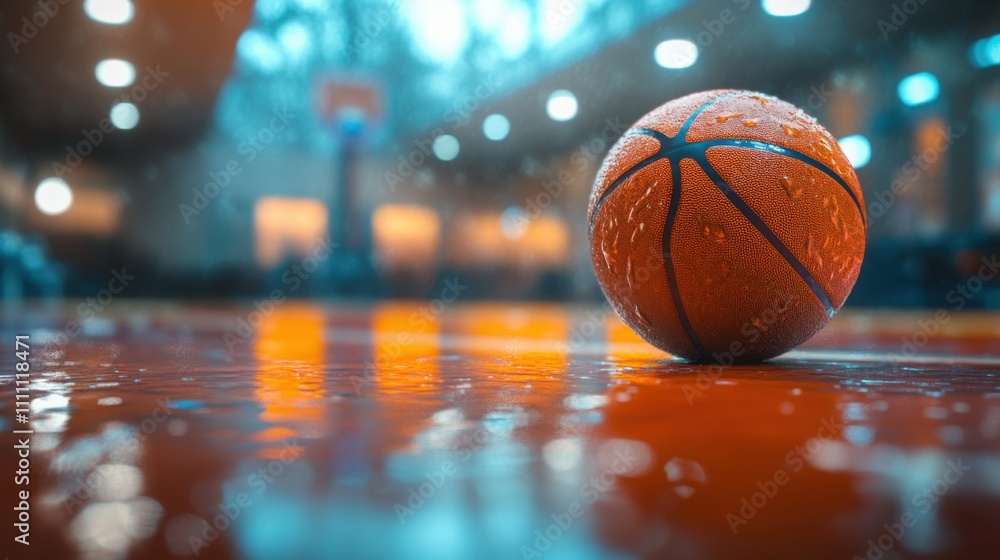 Wet Basketball on Court, Night Game, Reflections Wet Basketball on Court, Night Game, Reflections