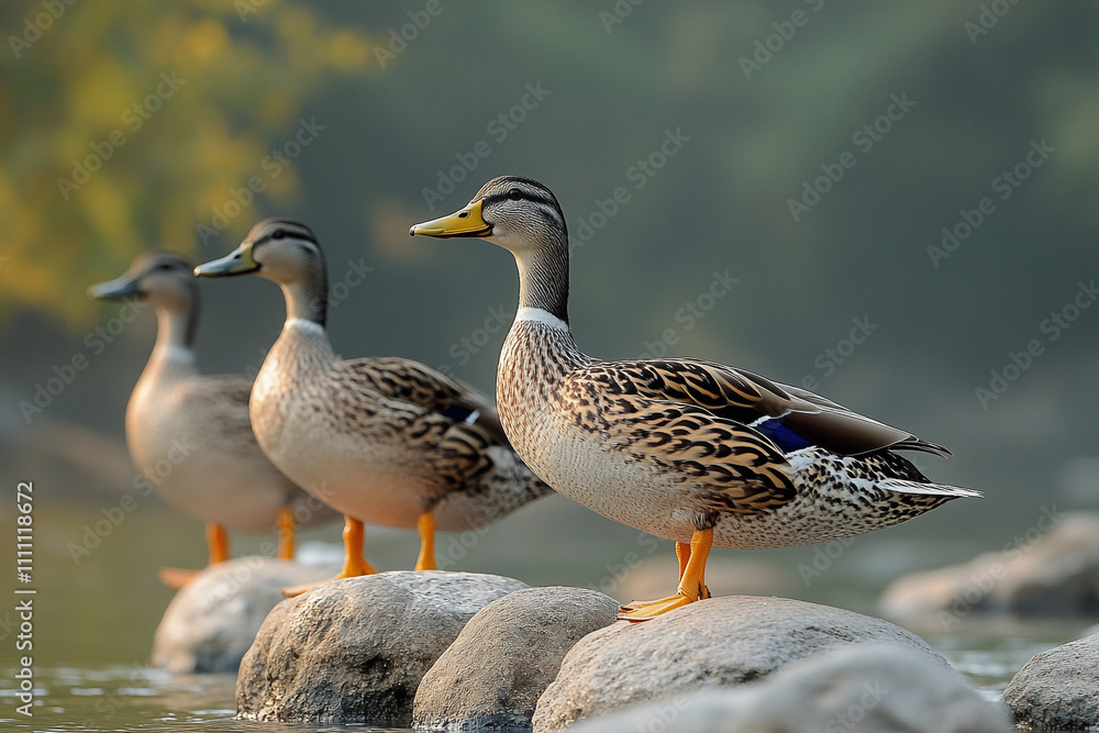 Female Mallard Ducks Resting on Rocks Near Water Female Mallard Ducks Resting on Rocks Near Water