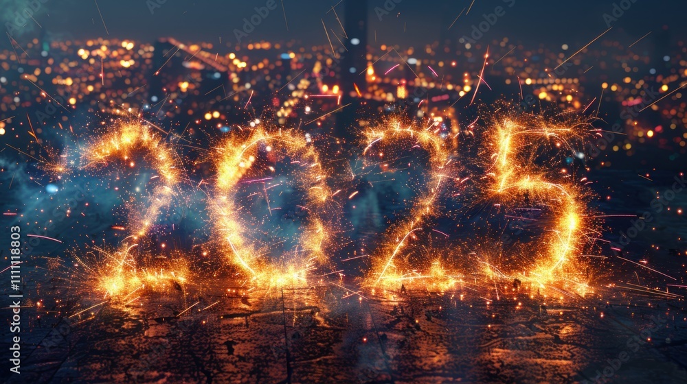 Fiery 2025 sparkler number over city lights. Fiery 2025 sparkler number over city lights.