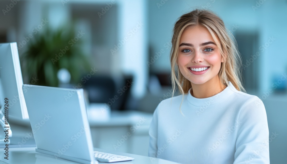 A young woman with blonde hair smiles happily while working on her laptop in an office A young woman with blonde hair smiles happily while working on her laptop in an office