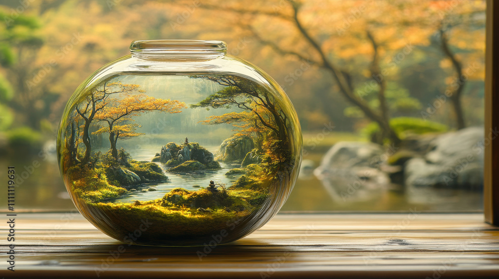 There is a round glass bottle containing a landscape world. There is a round glass bottle containing a landscape world.