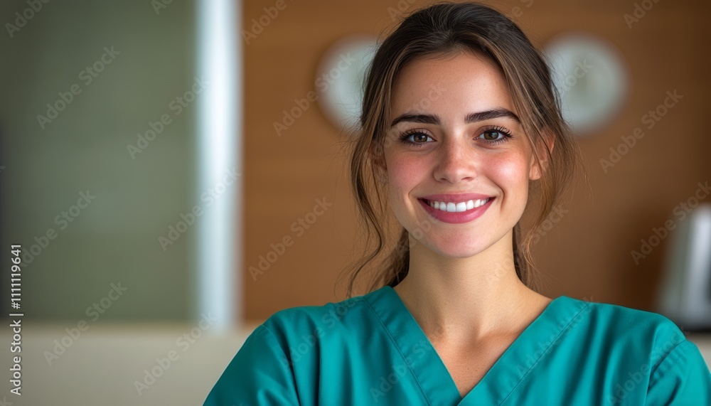 Happy healthcare worker wearing scrubs stands in a modern clinic, ready to assist patients Happy healthcare worker wearing scrubs stands in a modern clinic, ready to assist patients