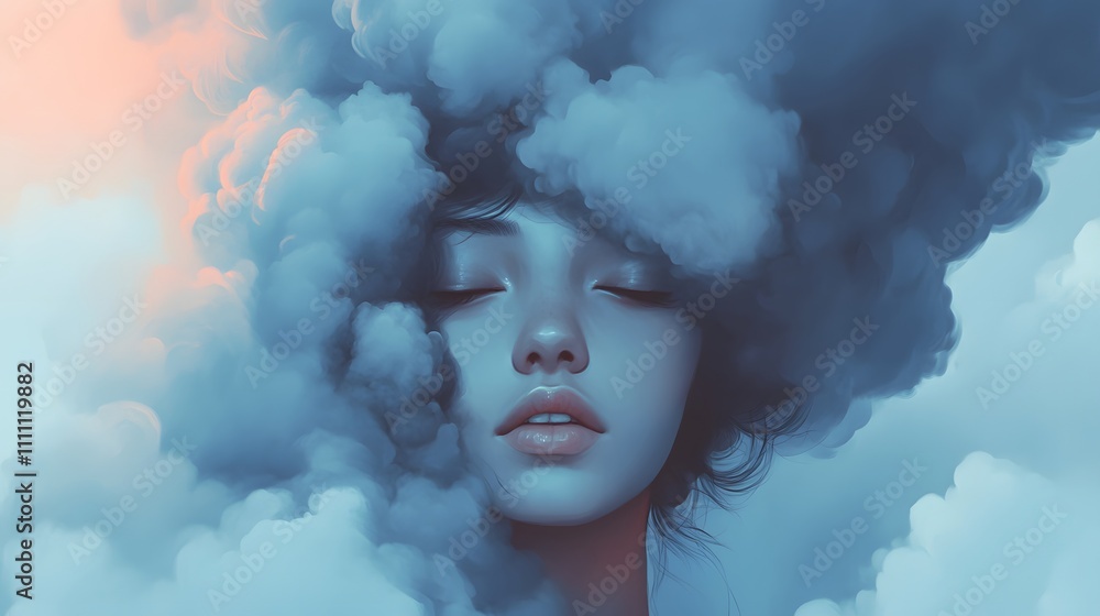Ethereal woman surrounded by soft, billowing clouds in a dreamy, pastel sky at twilight Ethereal woman surrounded by soft, billowing clouds in a dreamy, pastel sky at twilight