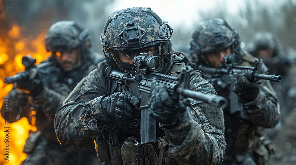 soldiers in modern gear aim an M-16 rifle at a black monster that looks like smoke. soldiers in modern gear aim an M-16 rifle at a black monster that looks like smoke.