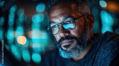 A serious man with glasses pays close attention to an illuminated screen in a dim environment, embodying focus and engagement in technology-driven scenarios.