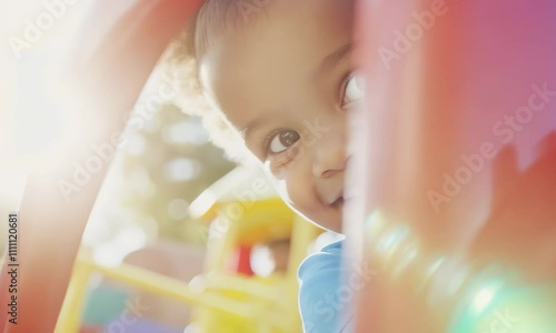 Laughter echoes in the air as a child peeks from behind vibrant playground equipment, showcasing the essence of carefree play and childhood wonder.