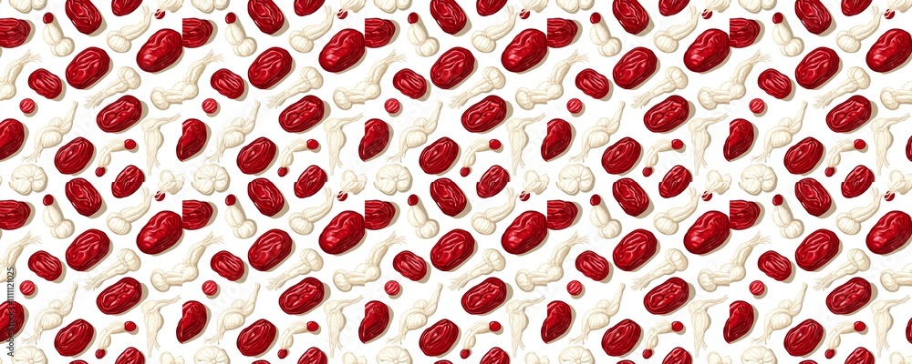 seamless pattern of Red dates ginseng pattern vibrant red white healthy food Chinese medicine concept seamless pattern of Red dates ginseng pattern vibrant red white healthy food Chinese medicine concept