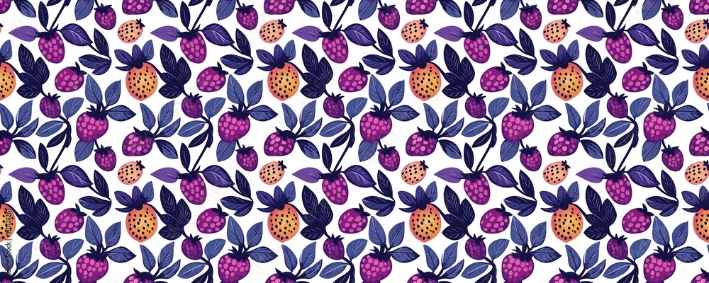 seamless pattern of Purple pink orange strawberries summer harvest vibrant botanical illustration seamless pattern of Purple pink orange strawberries summer harvest vibrant botanical illustration