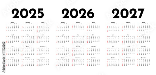 Set of calendars for 2025, 2026 and 2027 on a white background
