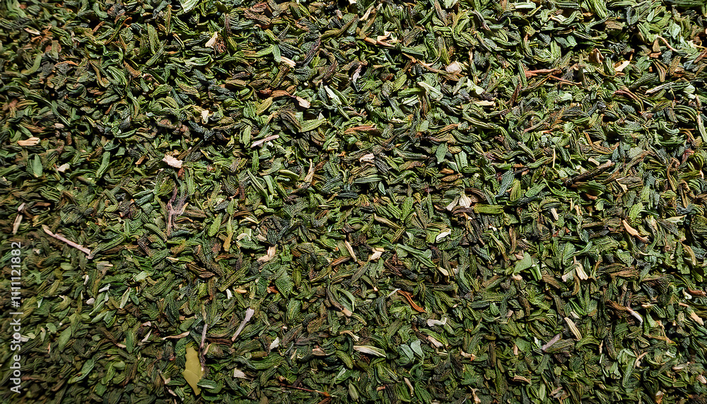 Finely crumbled dried thyme leaves creating a vibrant earthy green backdrop for culinary presentations and herbal infusions Finely crumbled dried thyme leaves creating a vibrant earthy green backdrop for culinary presentations and herbal infusions