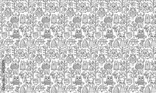 seamless pattern of Cute black and white owl pattern kids coloring book whimsical design 