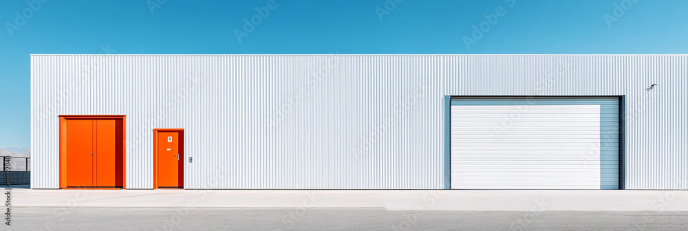 Fototapeta premium Modern Warehouse Exterior Orange Doors White Metal Siding Roller Shutter