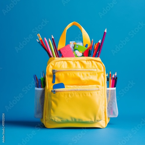 Yellow corduroy backpack overflowing with colorful school supplies, set against a striking blue backdrop. Ideal for educational themes, back-to-school campaigns, and stationery marketing. photo