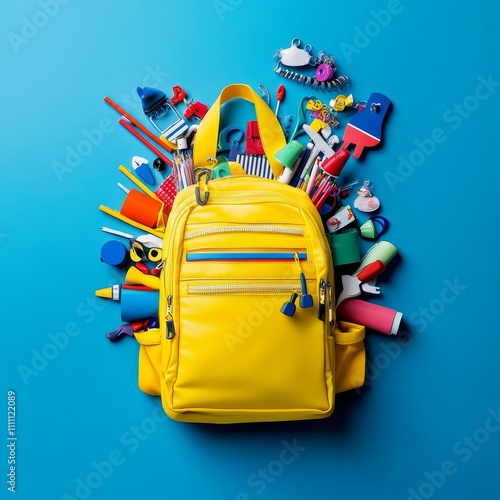 Yellow corduroy backpack overflowing with colorful school supplies, set against a striking blue backdrop. Ideal for educational themes, back-to-school campaigns, and stationery marketing. photo