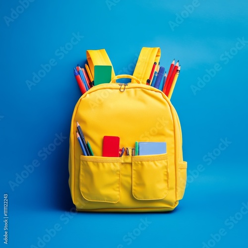 Yellow corduroy backpack overflowing with colorful school supplies, set against a striking blue backdrop. Ideal for educational themes, back-to-school campaigns, and stationery marketing. photo