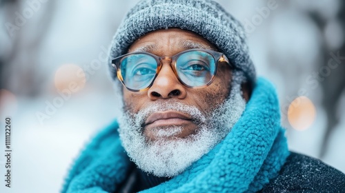 A mature man, bundled in warm winter gear, faces the camera with an icy beard, epitomizing resilience and endurance in the crisp, wintry environment. photo