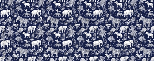 seamless pattern of Seamless navy blue tropical jungle pattern white elephants zebras sketch style exotic wildlife summer vacation 