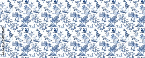 seamless pattern of Safari animals toile pattern blue white elegant design 