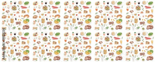 seamless pattern of Delicious food illustrations  brown, orange tones  watercolor style  appetizing meal concept  evokes joy  brunch theme  photo