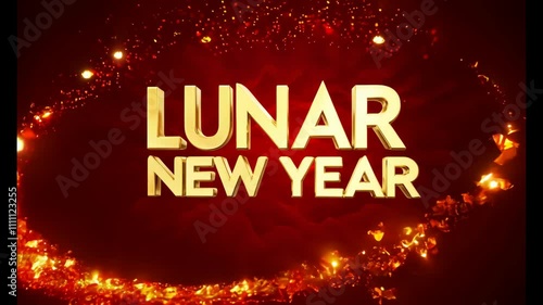 The phrase “Lunar New Year” in 3D style, written in bold gold letters surrounded by glowing red halos on crimson background with floating particles resembling glowing embers