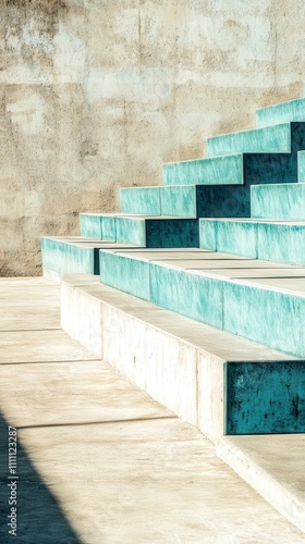 Unique turquoise steps cast shadows in a minimalist outdoor space during bright sunlight