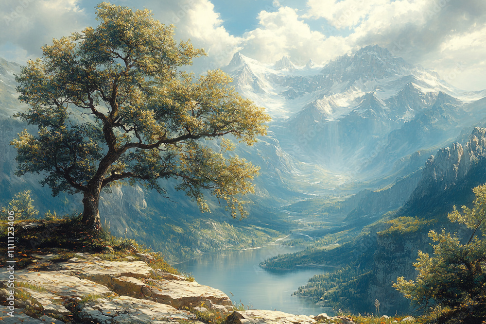Obraz premium Majestic Mountain Lake Landscape With Solitary Tree