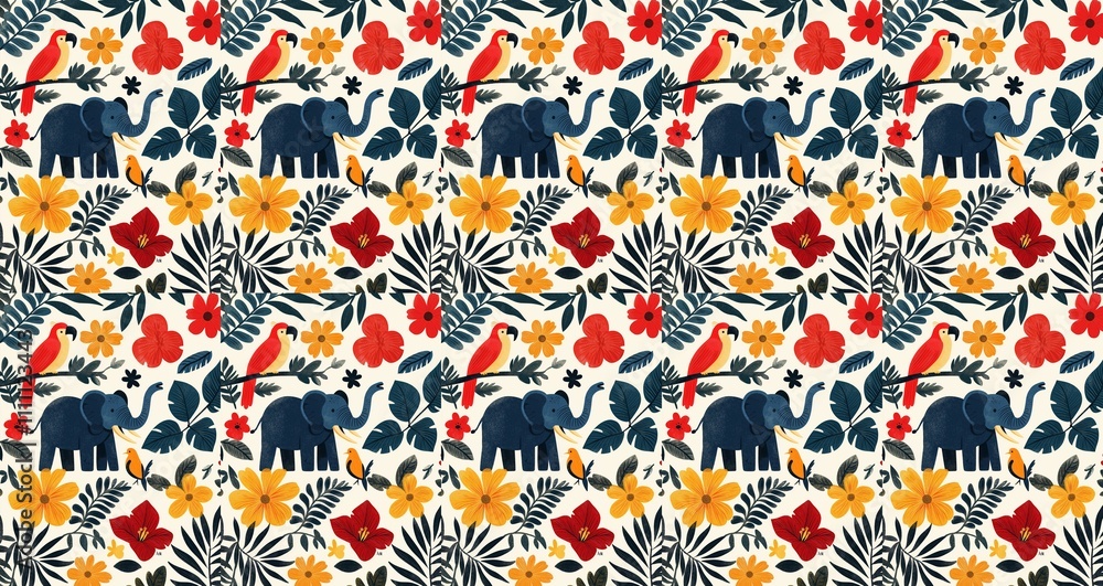 seamless pattern of Tropical jungle illustration red orange navy blue vibrant summer holiday pattern
seamless pattern of Tropical jungle illustration red orange navy blue vibrant summer holiday pattern