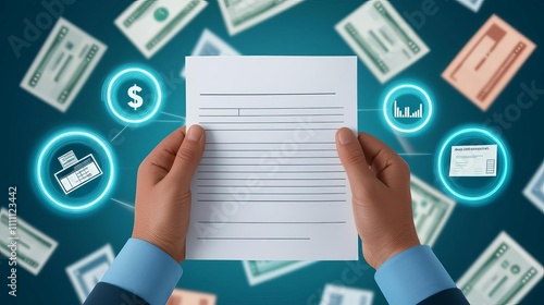 tax income records concept. A person holds a blank document surrounded by various currency notes and financial icons, symbolizing money management and financial planning.