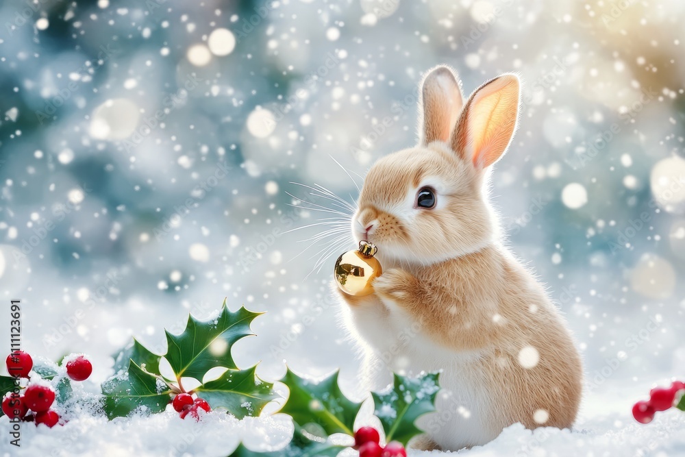Festive Christmas rabbits with holiday decorations, candy canes, and gifts in a snowy scene Festive Christmas rabbits with holiday decorations, candy canes, and gifts in a snowy scene