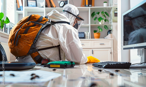 Pest control contractor in protective suit working in a modern office flat, eliminating bugs on the desk during daytime, detailed view of equipment and workspace, pest management and eradication theme photo