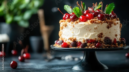 A delectable view of a beautifully decorated dessert garnished with cherries and cream, showcasing an elegant and luxurious culinary presentation on a black platter. photo